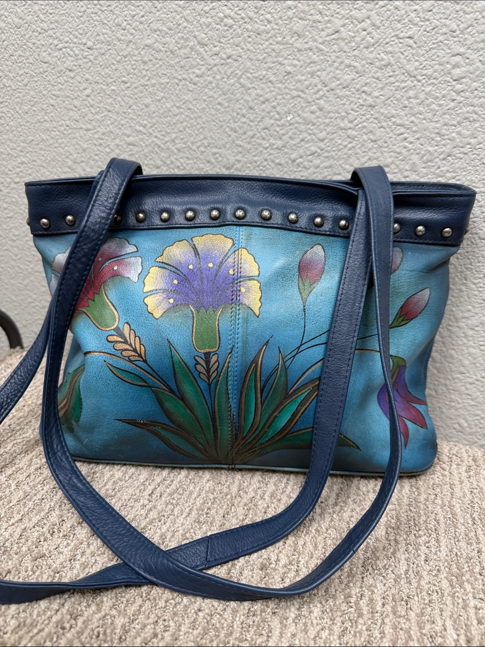 Anuschka Studded Blue Hand-Painted Floral Leather Shoulder Bag